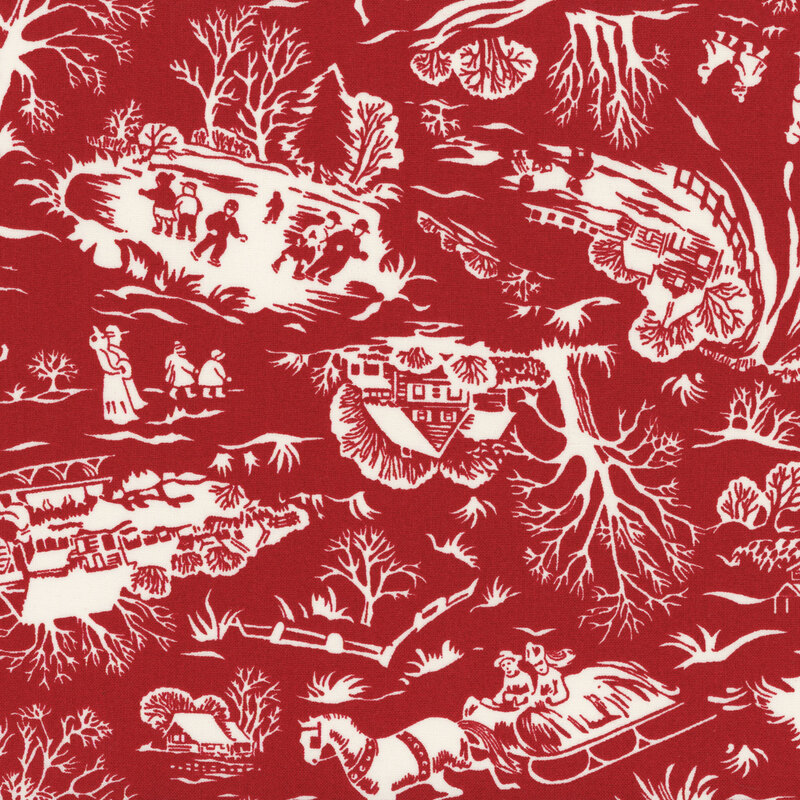 lovely red fabric featuring vintage outdoor winter scenes in a toile style