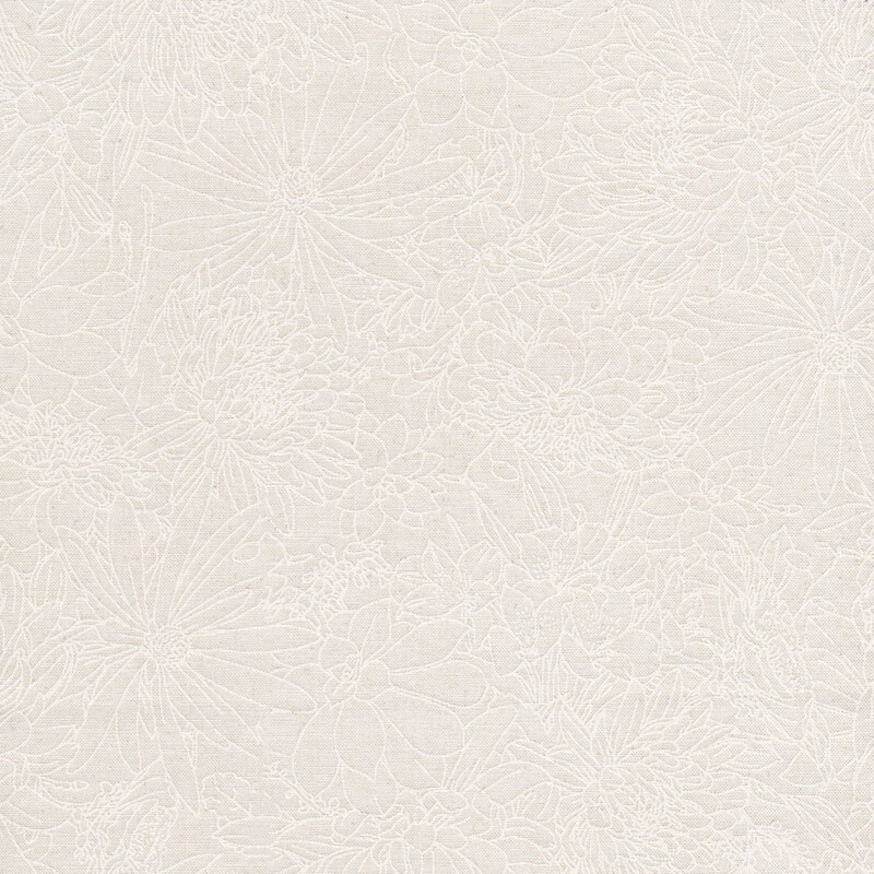 Tonal, packed wildflower outlines on white fabric