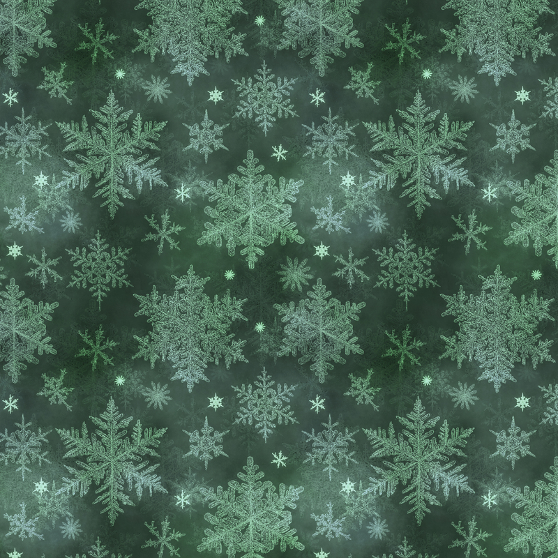 dark green mottled fabric featuring scattered tonal snowflakes