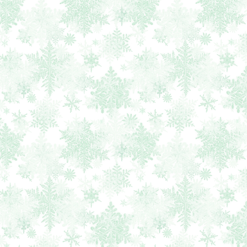 white fabric featuring scattered light mint snowflakes