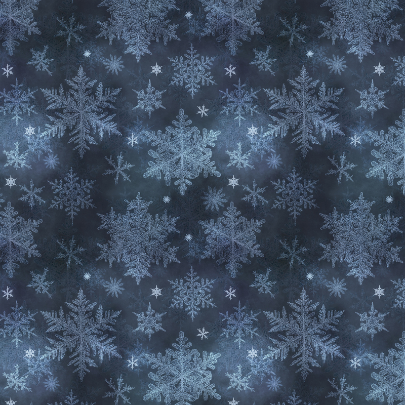 navy blue mottled fabric featuring scattered light blue snowflakes
