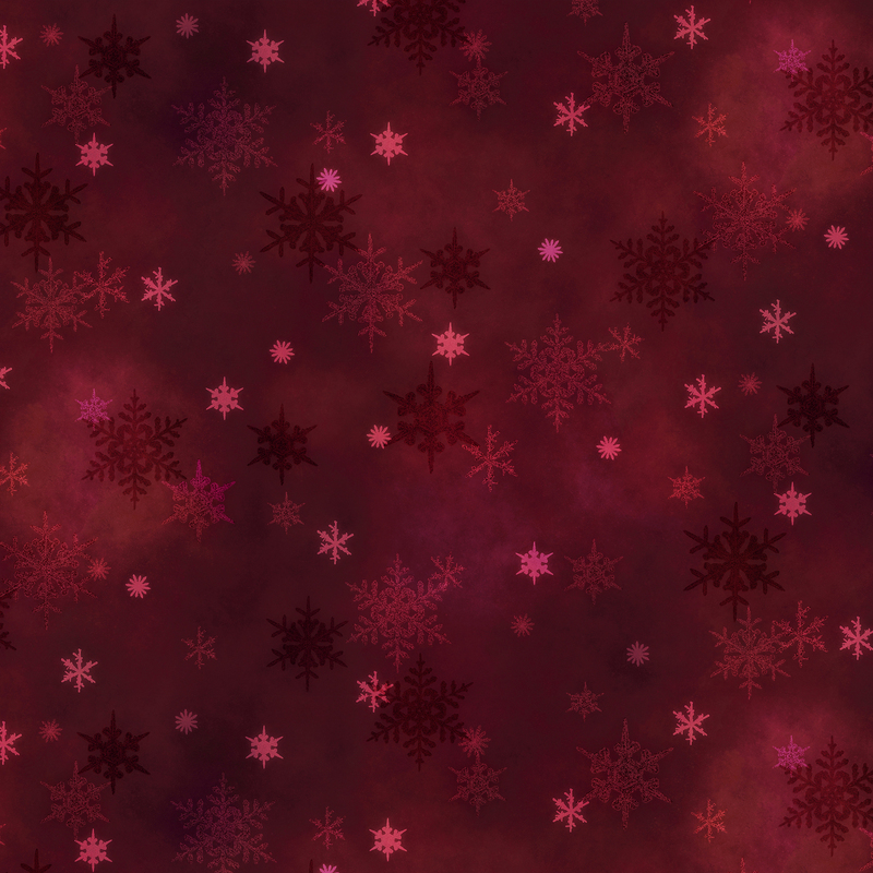 dark red mottled fabric featuring small scattered tonal snowflakes