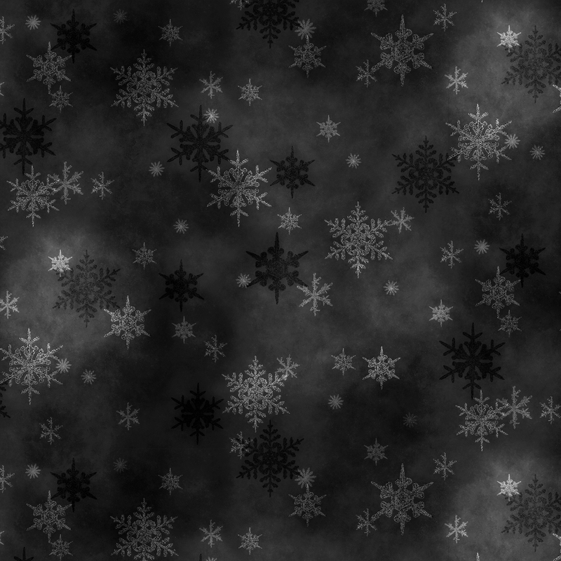 black mottled fabric featuring small scattered tonal snowflakes