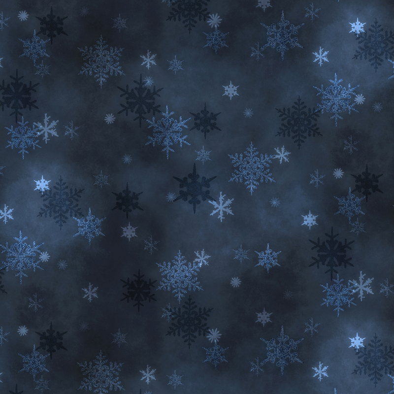  navy blue mottled fabric featuring small scattered tonal snowflakes