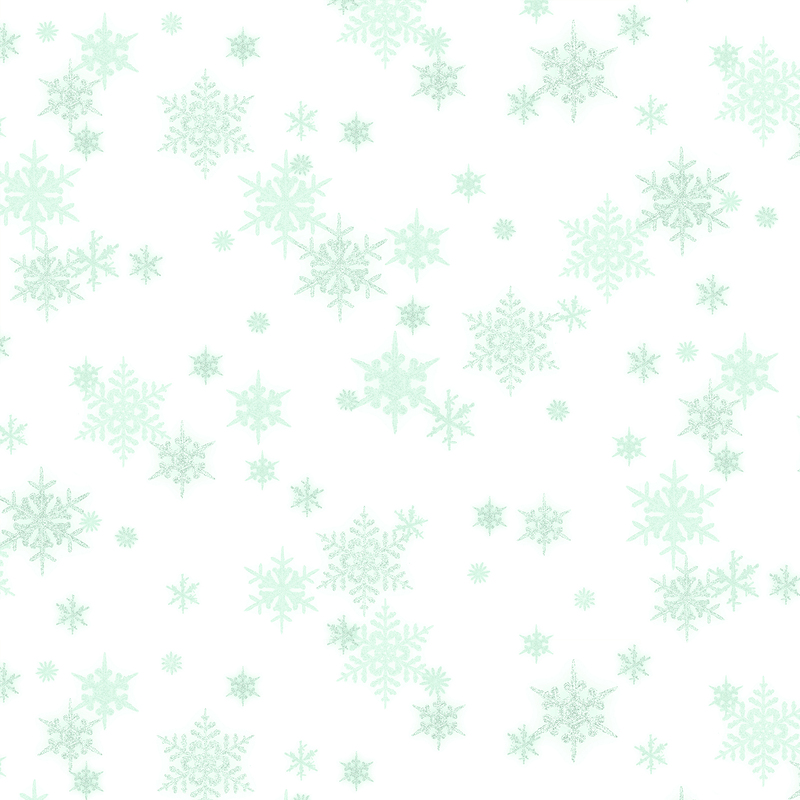 white fabric featuring small scattered mint green snowflakes