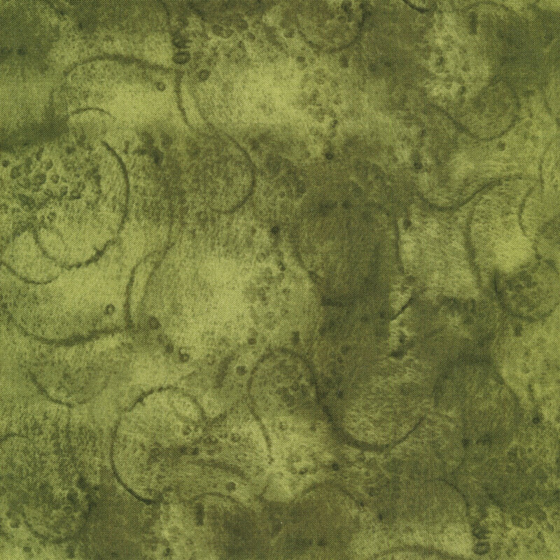 fabric featuring watercolor swirls on a olive green mottled background