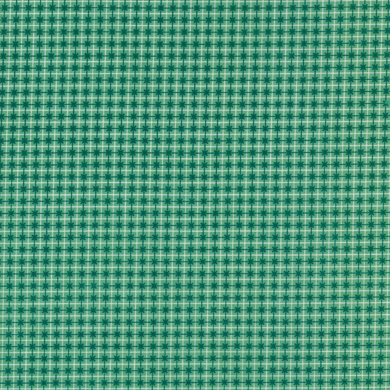 This fabric features a white and dark teal grid design on a teal background