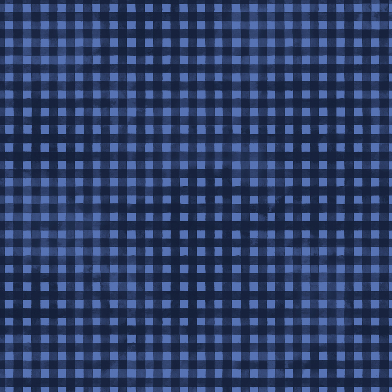 bright blue mottled fabric with navy blue gingham striping