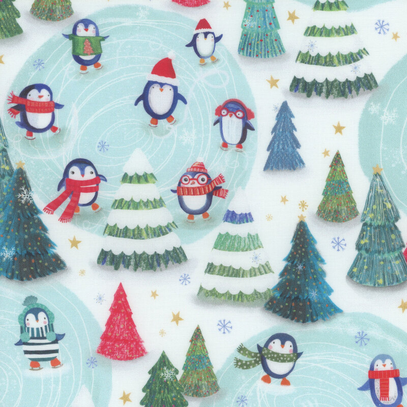 White fabric with penguins in scarves ice skating among Christmas trees.