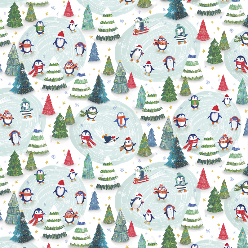 White fabric with penguins in scarves ice skating among Christmas trees.