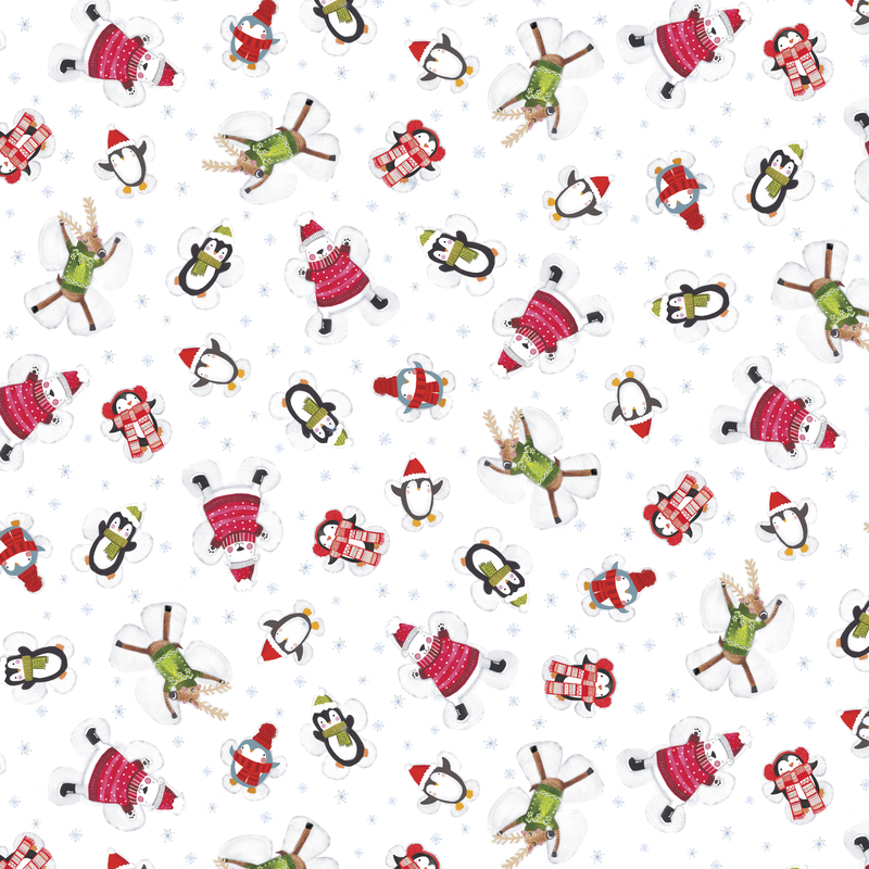 White fabric with polar bears, reindeers, and penguins in winter outfits making snow angels.