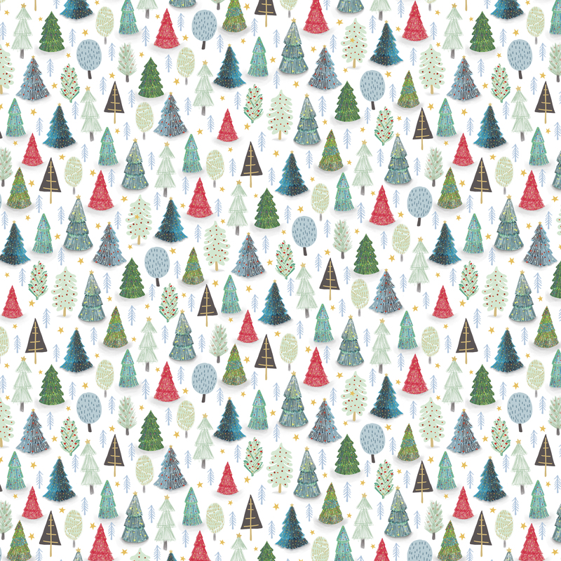 White fabric with various Christmas trees, with small gold star accents.