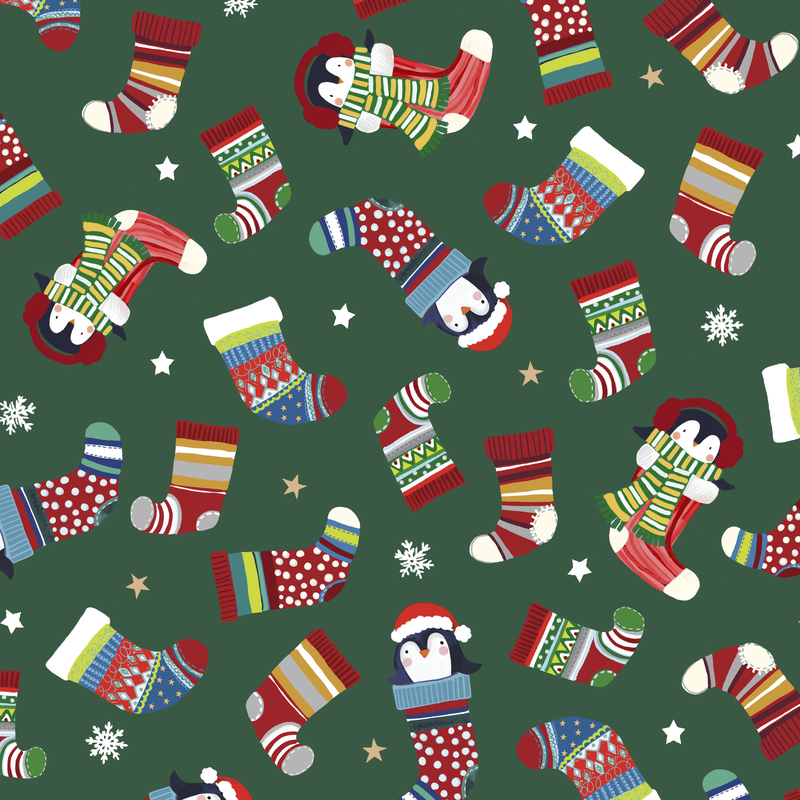 Green fabric with penguins in colorful Christmas stockings.