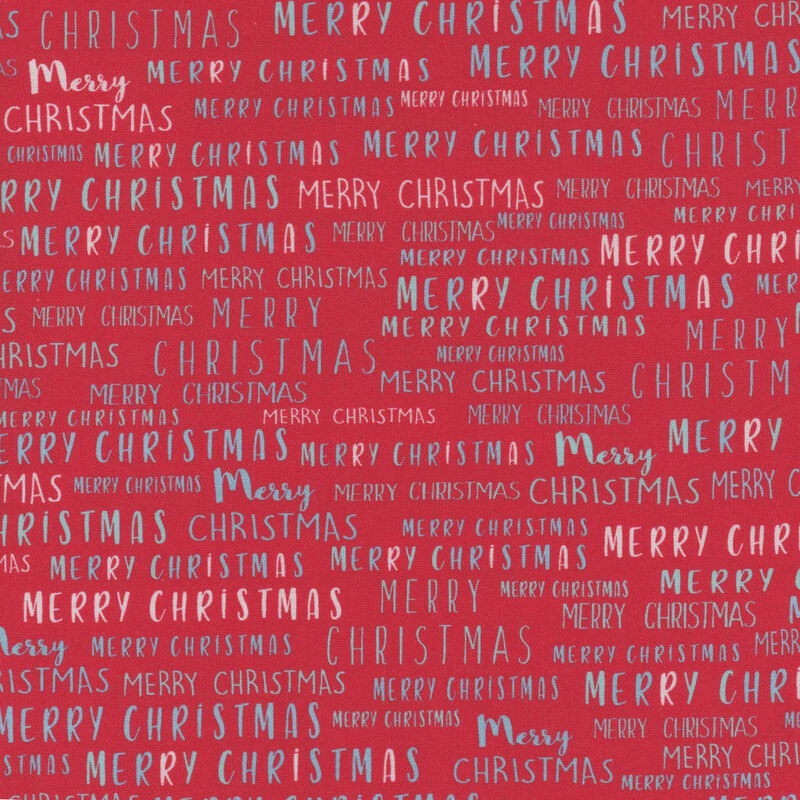 Red fabric with a pattern of the phrase 'Merry Christmas' in white and blue.