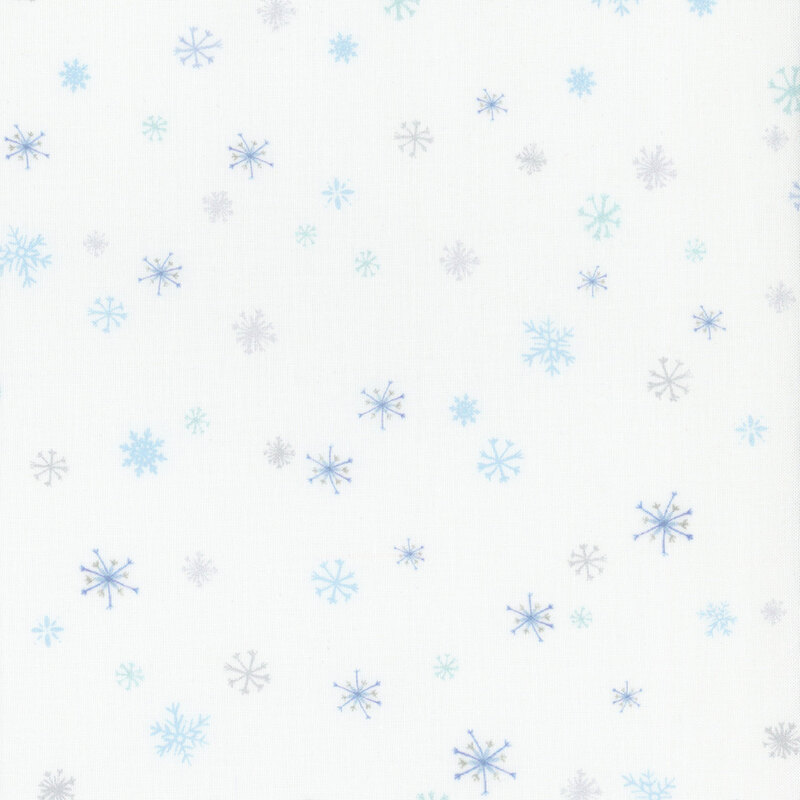 White fabric with light blue and gray snowflakes.