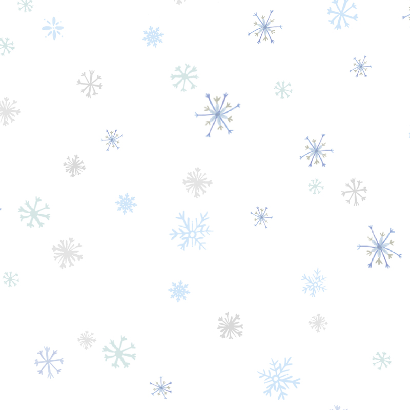 White fabric with light blue and gray snowflakes.