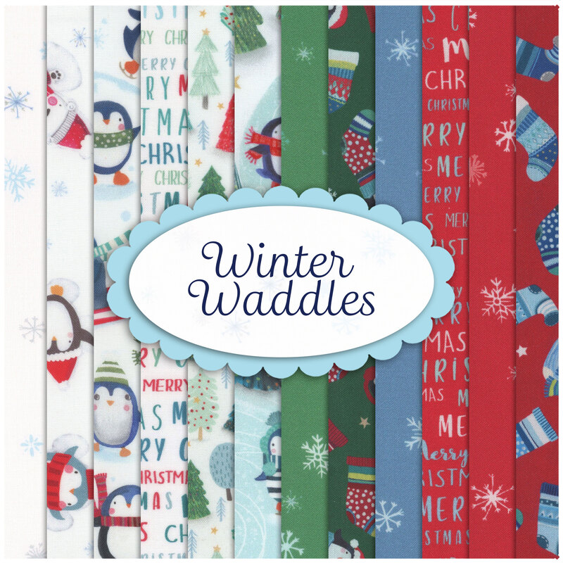 Composite image of 12 SKUs in the Winter Waddles collection, layered over each other