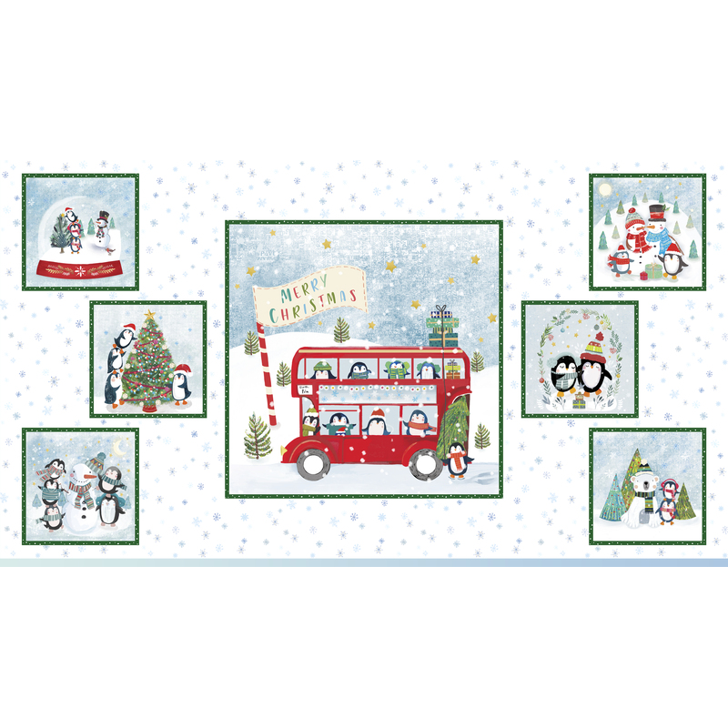 Panel featuring 7 scene blocks of penguins wearing hats and scarves doing Christmas activities, on a white background with blue snowflakes.