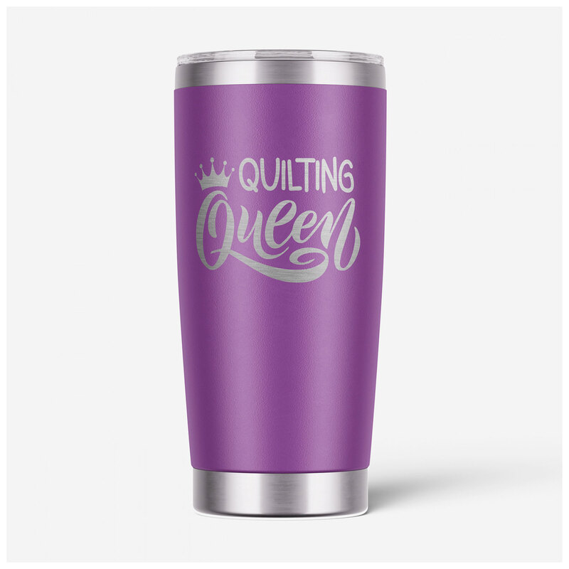 The Quilting Queen tumbler, isolated on a white background