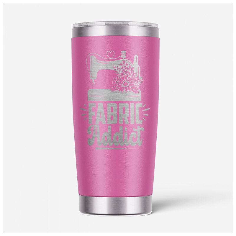 The Fabric Addict tumbler, isolated on a white background