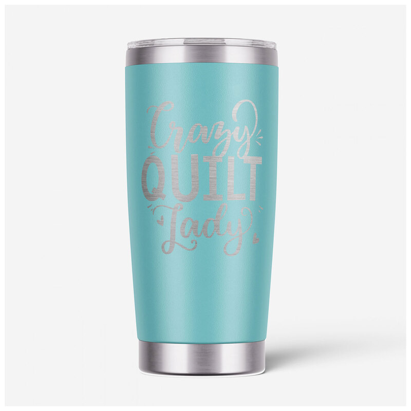 The Crazy Quilt Lady tumbler, isolated on a white background