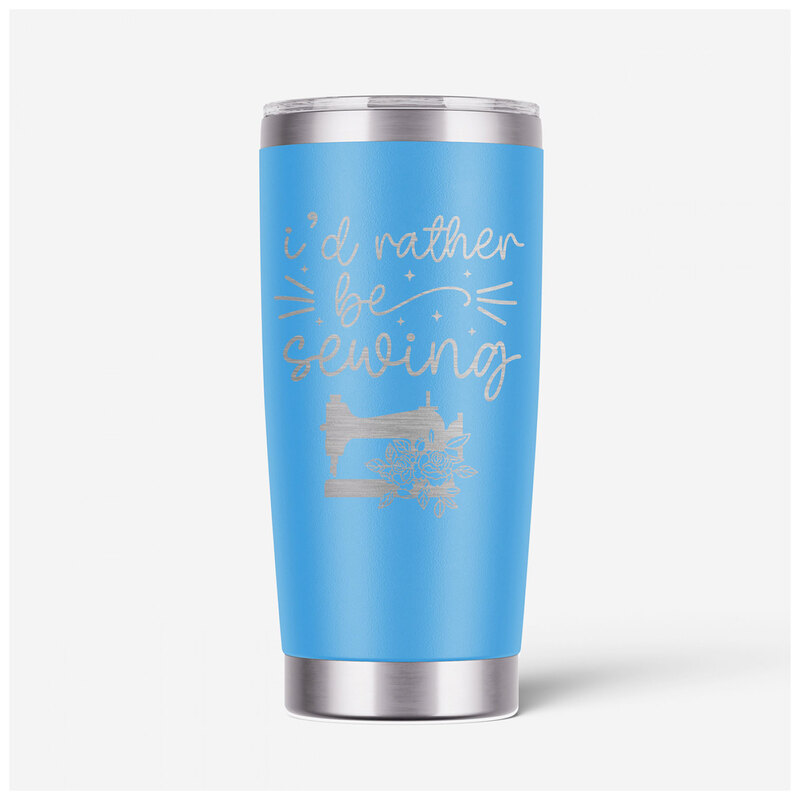 The I'd Rather Be Sewing tumbler, isolated on a white background