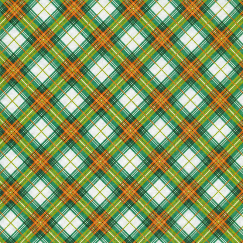 Plaid fabric in shades of white, green, and orange