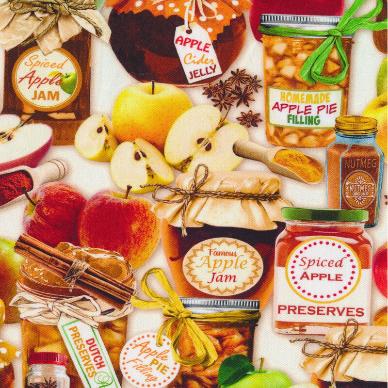 fabric with autumn themed foods on a cream background 