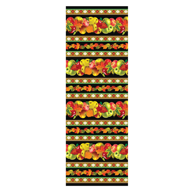 A digital image of border stripe fabric featuring fruits, leaves, and plaid patterns on a black background