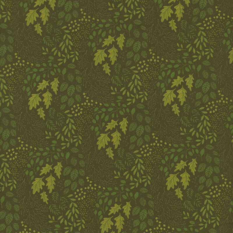 tonal fabric with various types of leaves in shades of green