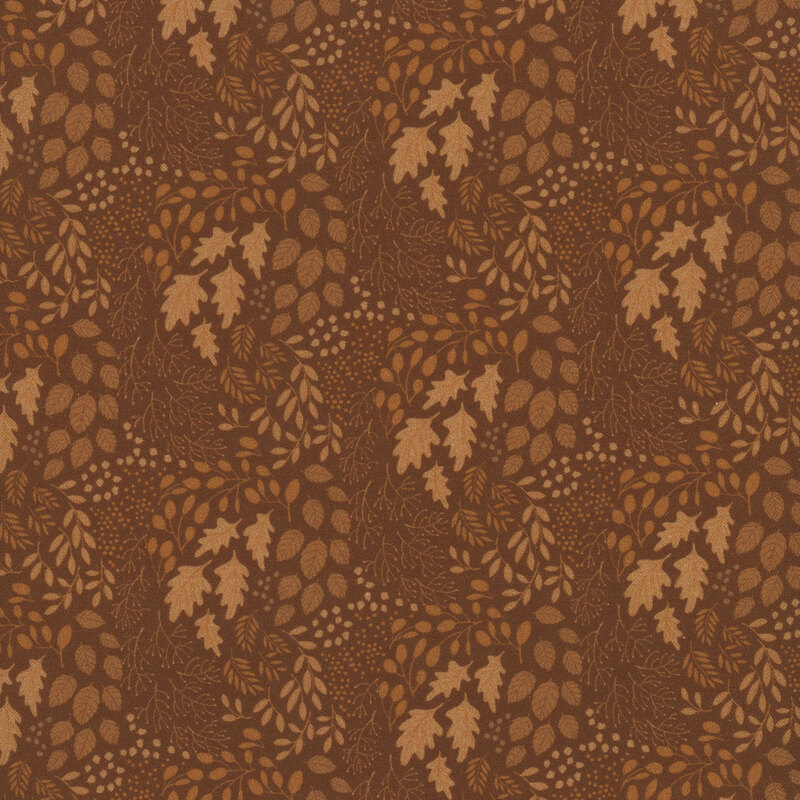 tonal fabric with various types of leaves in shades of brown