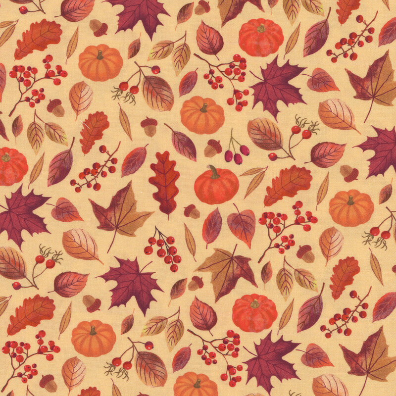 cream fabric featuring leaves, pumpkins, and berries