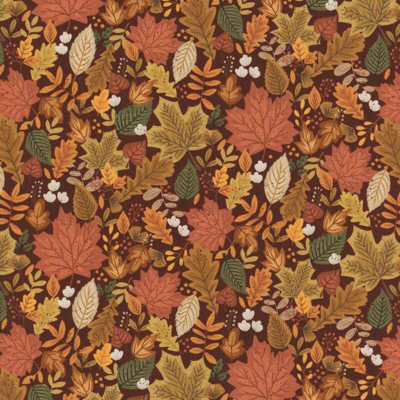 fabric featuring various leaves and berries on a dark brown background