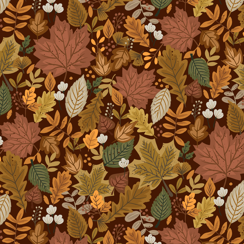 fabric featuring various leaves and berries on a dark maroon background