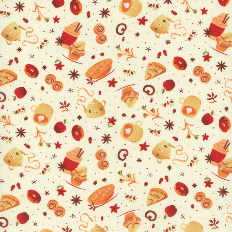 fabric featuring tossed autumn themed treats on a cream background