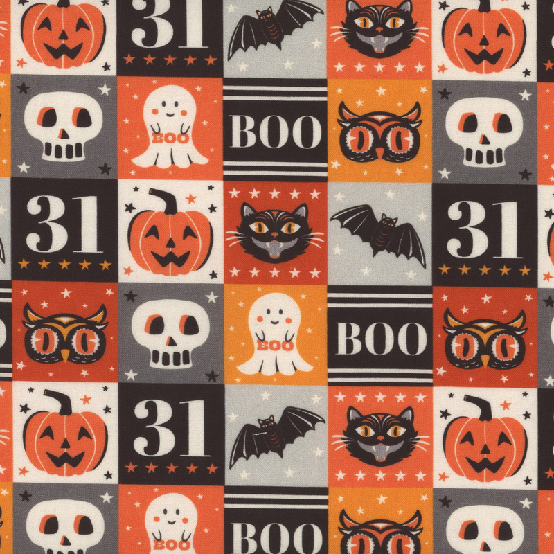 tiled Halloween fabric with various gray, black, white, and orange tiles featuring Halloween motifs, including bats, black cats, jack o' lanterns, owls, skulls, and ghosts