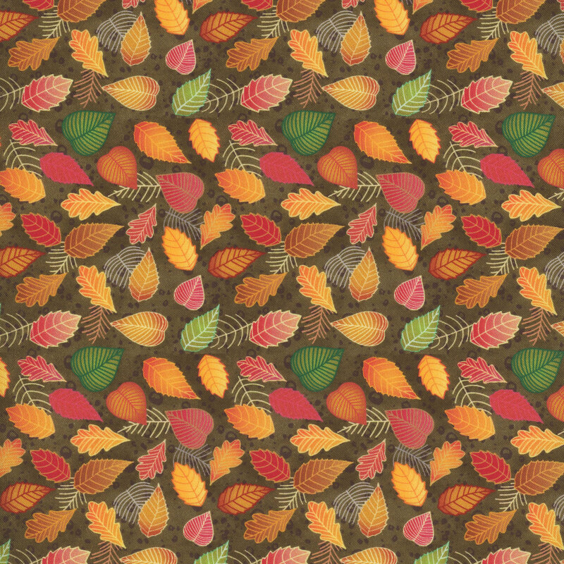 fabric with various leaves in shades of green, orange, red, and brown on a dark green background