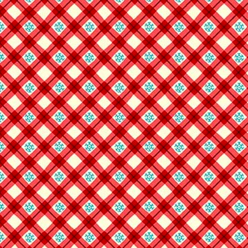 Vintage red gingham fabric with little blue snowflake accents.