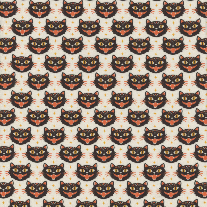 white fabric with alternating rows of smiling black cats with light orange 4-pointed stars interspersed in between