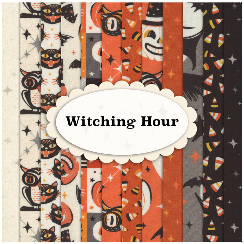 Collage of the witching hour fabrics layered over each other, from black to orange to cream