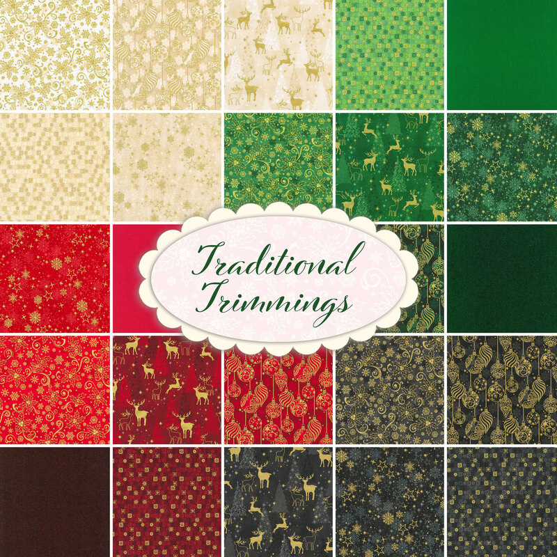 Collage of all the Traditional Trimmings fabrics, in the colors red, cream, green, and black, with christmas motifs done in metallic gold