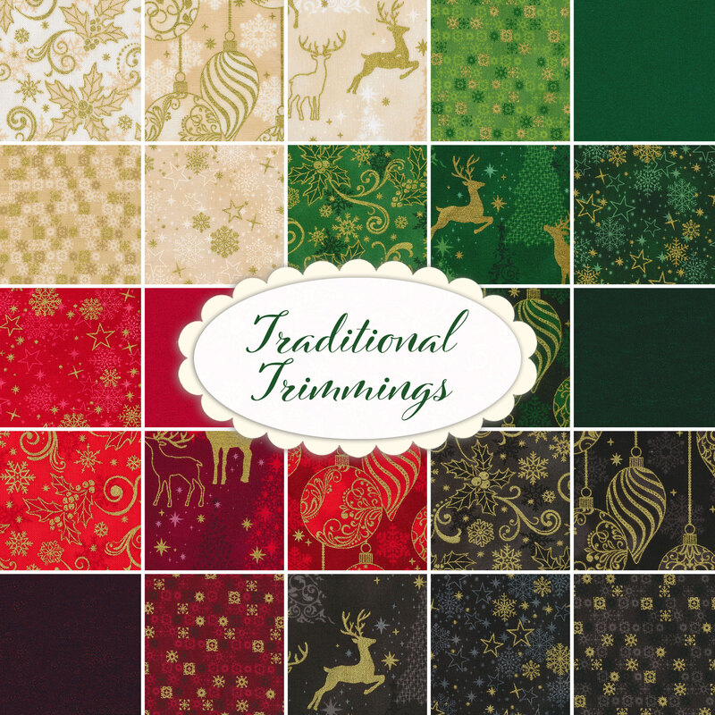 Collage of all the Traditional Trimmings fabrics, in the colors red, cream, green, and black, with christmas motifs done in metallic gold