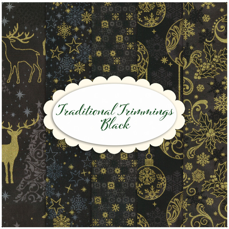 Collage of all the Traditional Trimmings black fabrics, with christmas motifs done in metallic gold