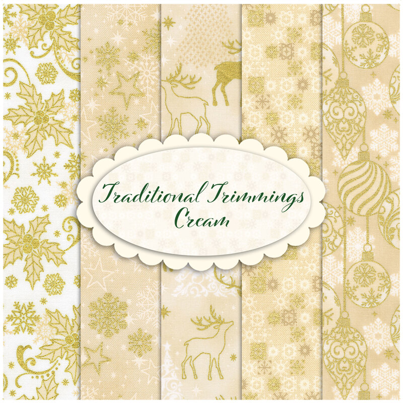 Collage of all the Traditional Trimmings cream fabrics, with christmas motifs done in metallic gold