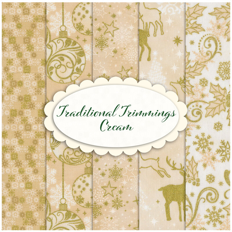 Collage of all the Traditional Trimmings cream fabrics, with christmas motifs done in metallic gold