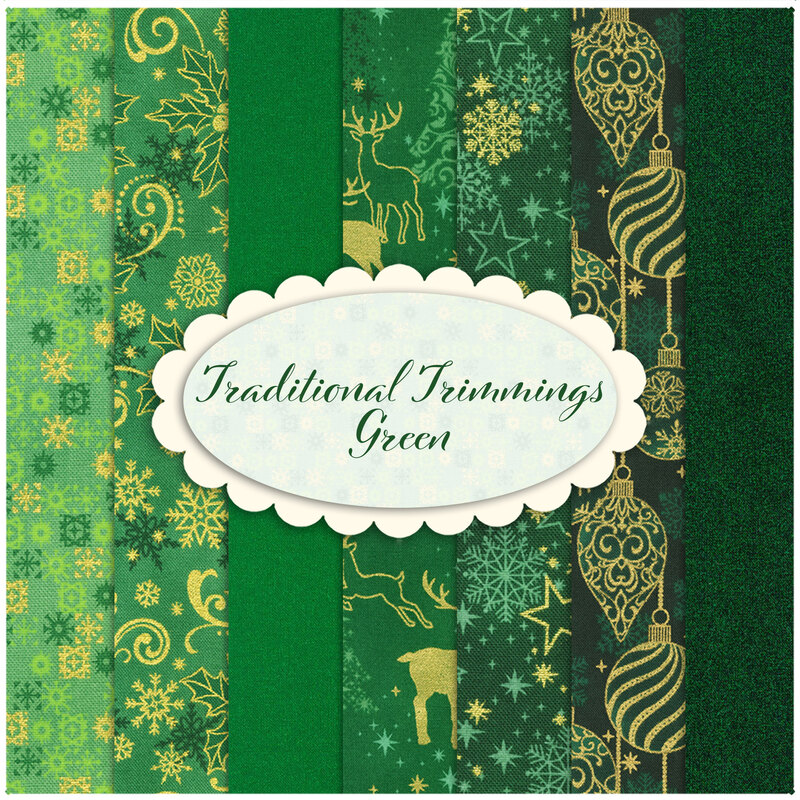 Collage of all the Traditional Trimmings green fabrics, with christmas motifs done in metallic gold