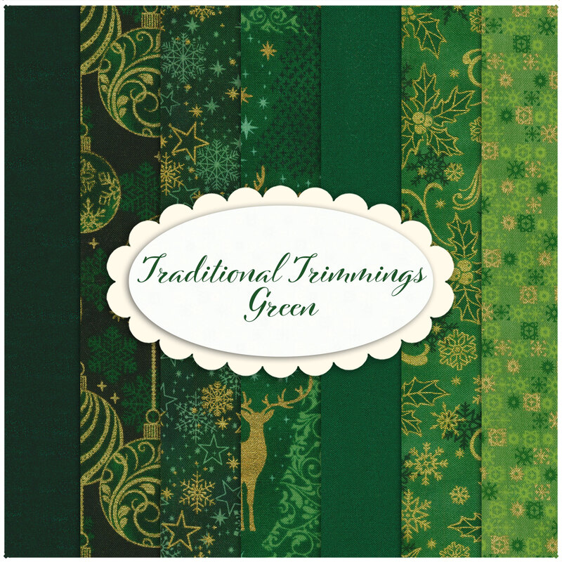 Collage of all the Traditional Trimmings green fabrics, with christmas motifs done in metallic gold