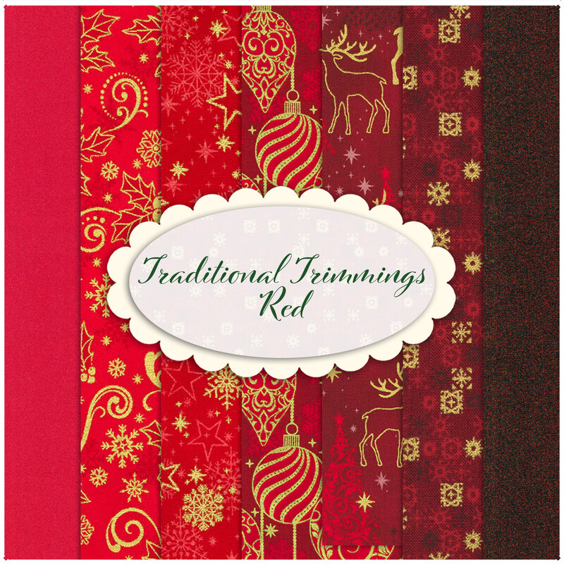Collage of all the Traditional Trimmings red fabrics, with christmas motifs done in metallic gold