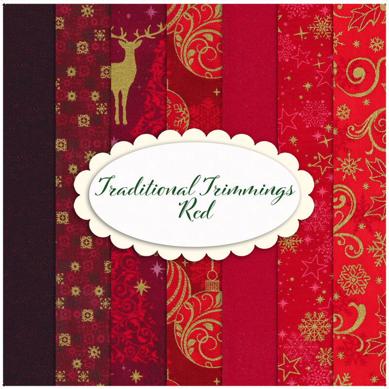 Collage of all the Traditional Trimmings red fabrics, with christmas motifs done in metallic gold