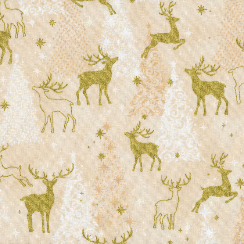 cream fabric featuring white and tan Christmas tree motifs overlaid by metallic gold deer silhouettes